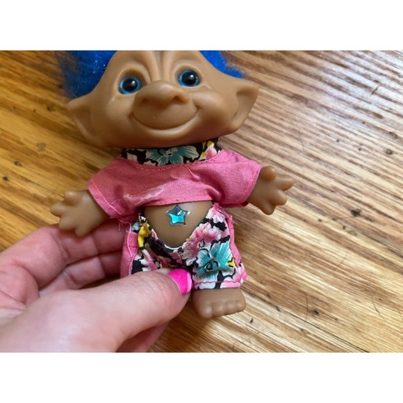 Vintage Blue Hair + Blue Star Belly Jewel Ace Novelty Co Troll with Pink Floral - Picture 6 of 6